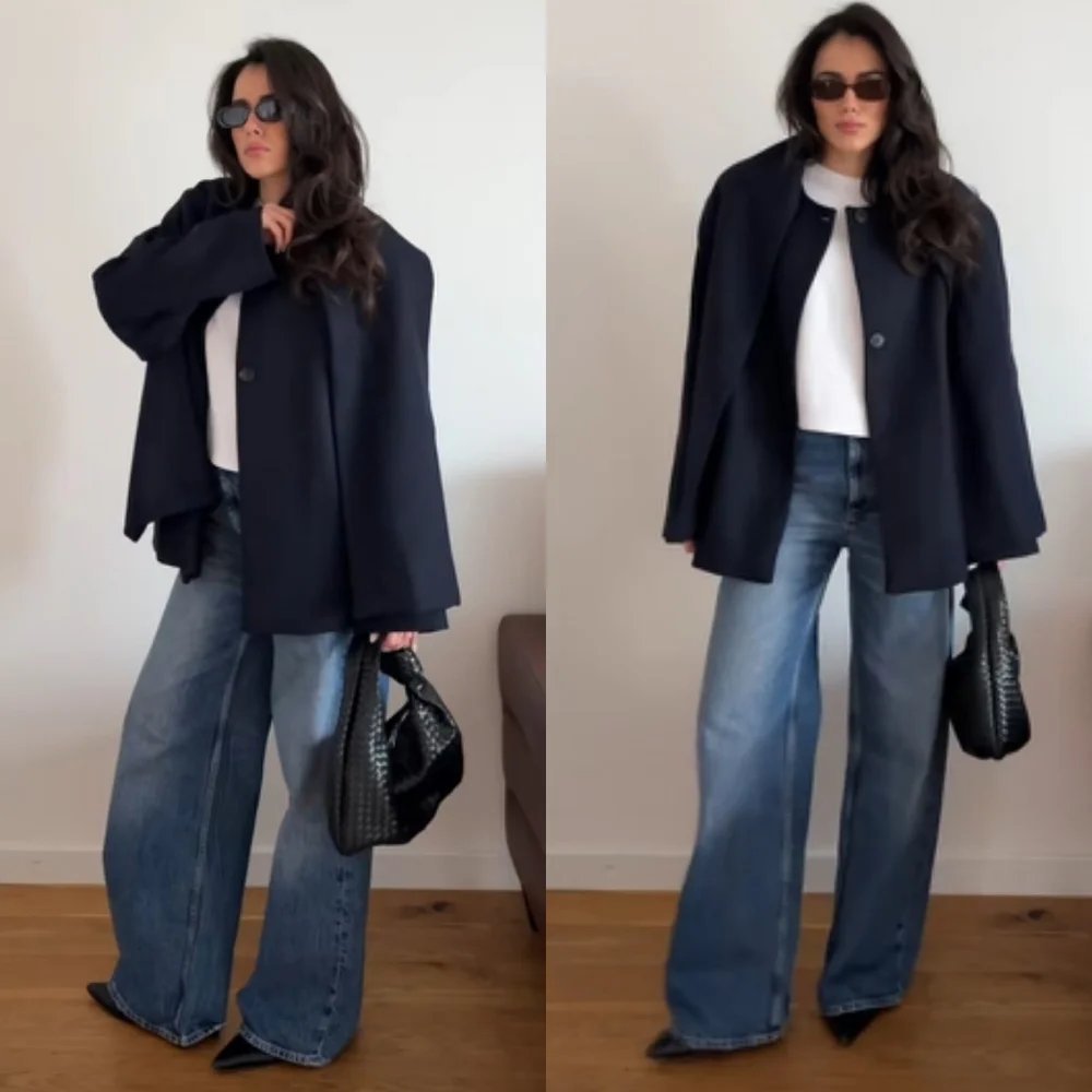 ZARA WOOL BLEND SHORT COAT WITH SCARF Navy Size XL